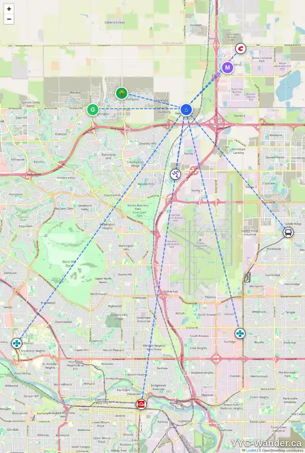 Daily accessibility map for 14438 15 ST NE, Calgary showing nearby schools, grocery stores, parks, LRT stations and nearby amenities