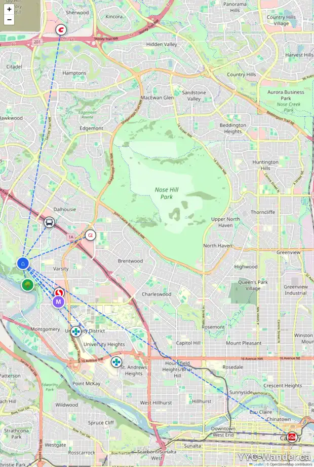 Daily accessibility map for 24 VARSITY PL NW, Calgary showing nearby schools, grocery stores, parks, LRT stations and nearby amenities
