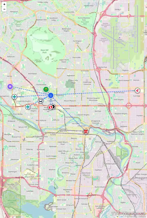 Daily accessibility map for 2708 17A ST NW, Calgary showing nearby schools, grocery stores, parks, LRT stations and nearby amenities
