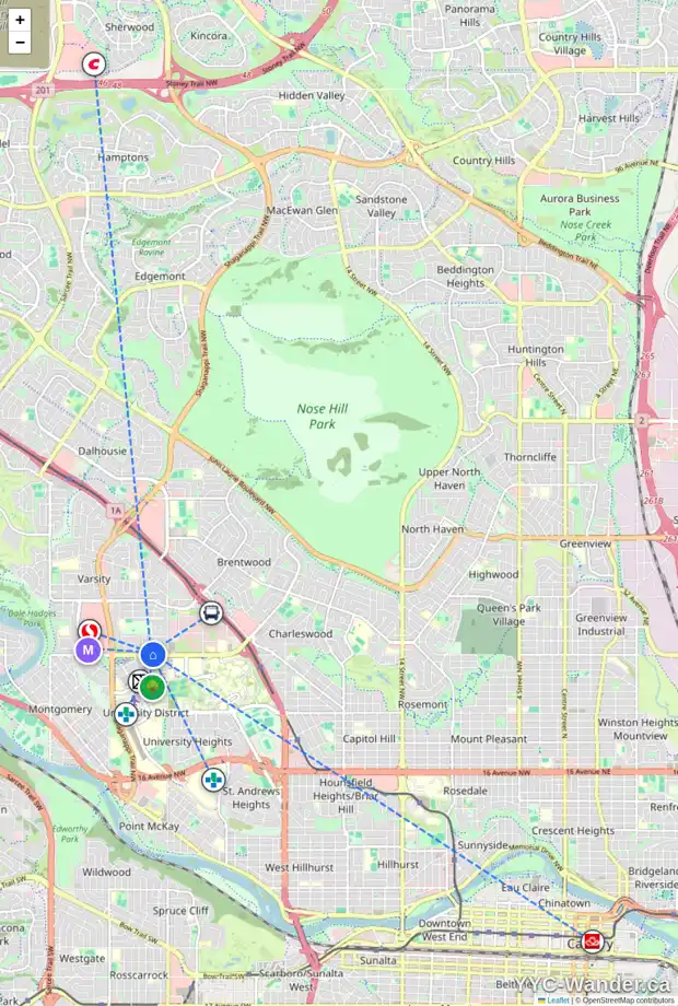 Daily accessibility map for 3915 VARMOOR RD NW, Calgary showing nearby schools, grocery stores, parks, LRT stations and nearby amenities