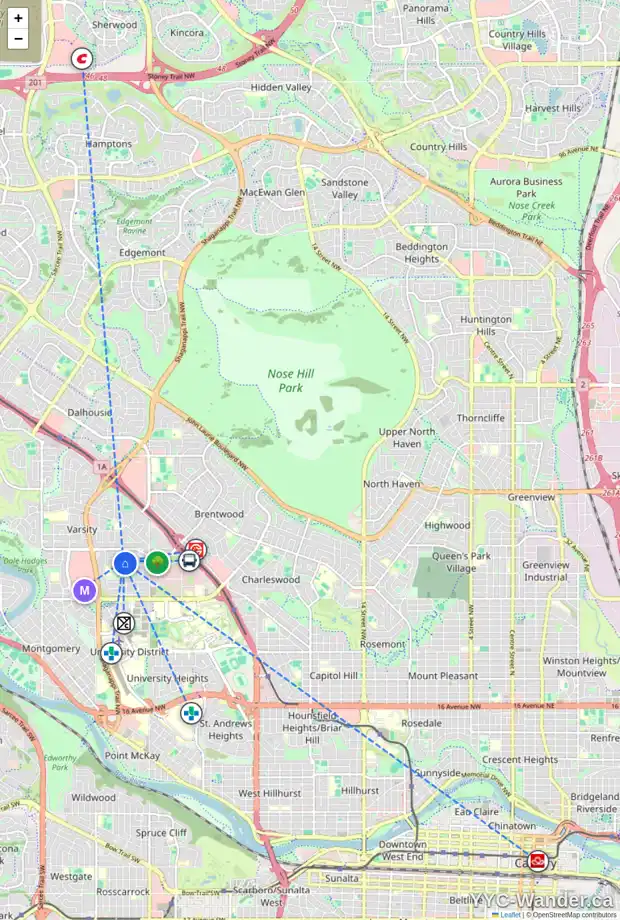 Daily accessibility map for 20 VARSPLAIN PL NW, Calgary showing nearby schools, grocery stores, parks, LRT stations and nearby amenities