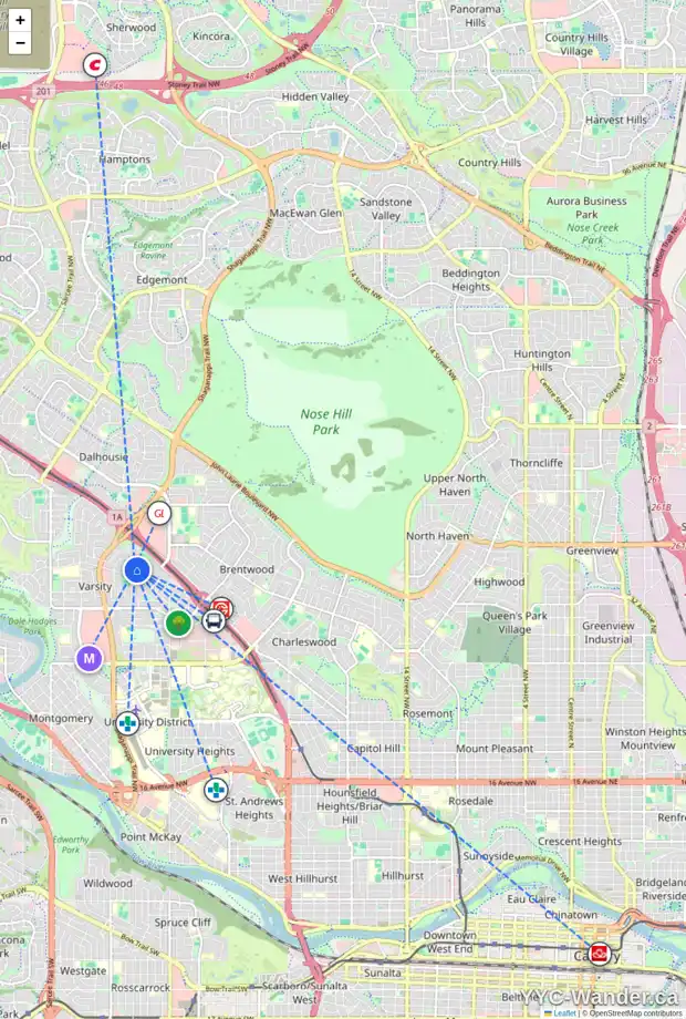 Daily accessibility map for 4543 VEGAS RD NW, Calgary showing nearby schools, grocery stores, parks, LRT stations and nearby amenities