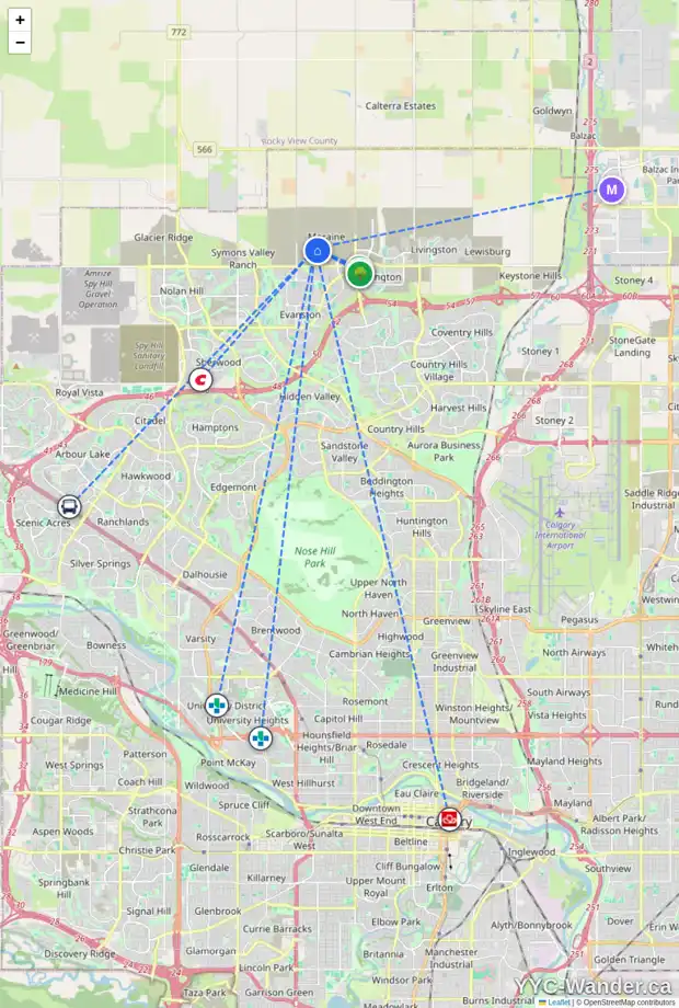 Daily accessibility map for 104 340 AMBLETON ST NW, Calgary showing nearby schools, grocery stores, parks, LRT stations and nearby amenities