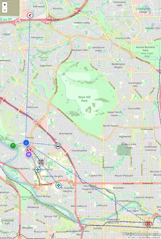 Daily accessibility map for 5016 40 AV NW, Calgary showing nearby schools, grocery stores, parks, LRT stations and nearby amenities