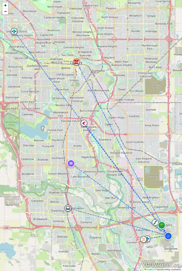Daily accessibility map for 12 MERCADO RD SE, Calgary showing nearby schools, grocery stores, parks, LRT stations and nearby amenities