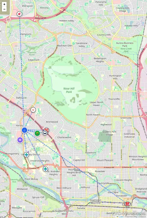 Daily accessibility map for 4234 40 AV NW, Calgary showing nearby schools, grocery stores, parks, LRT stations and nearby amenities