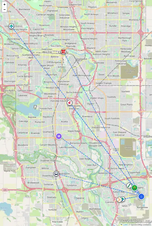 Daily accessibility map for 96 MERCADO CR SE, Calgary showing nearby schools, grocery stores, parks, LRT stations and nearby amenities