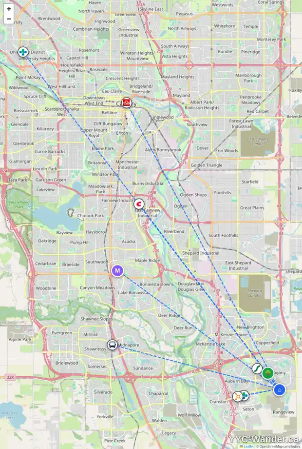 Daily accessibility map for 15 MERCADO CR SE, Calgary showing nearby schools, grocery stores, parks, LRT stations and nearby amenities