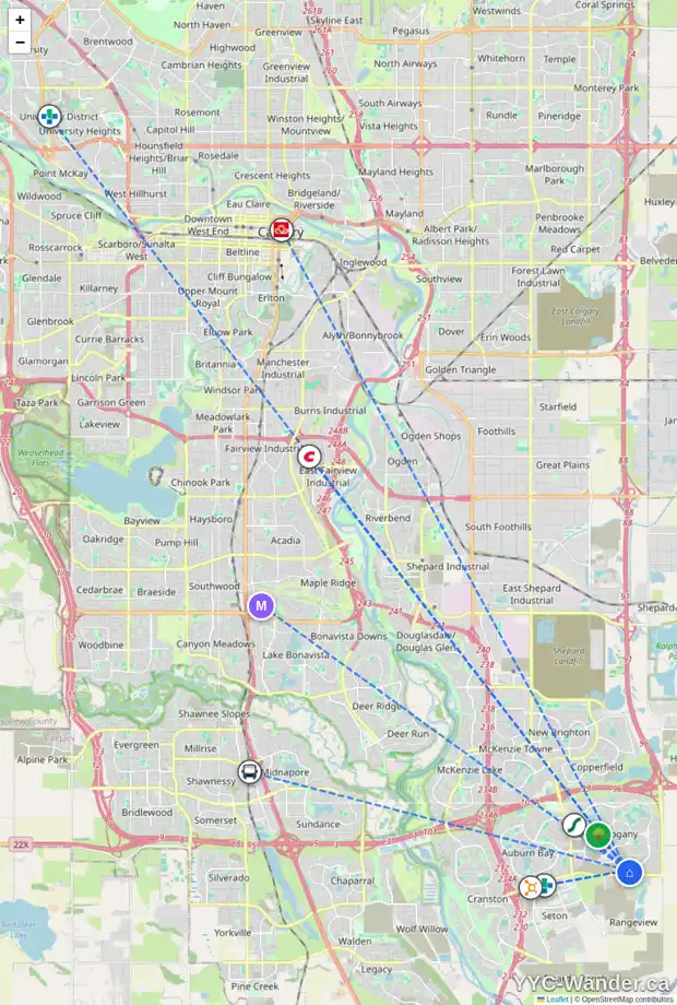 Daily accessibility map for 535 MERCADO AV SE, Calgary showing nearby schools, grocery stores, parks, LRT stations and nearby amenities