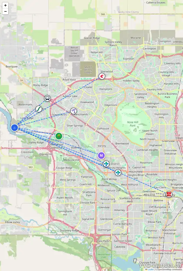 Daily accessibility map for 15 RODELLE TC NW, Calgary showing nearby schools, grocery stores, parks, LRT stations and nearby amenities