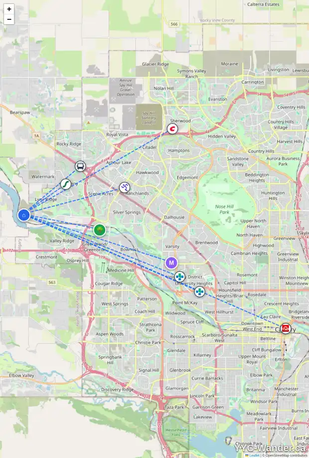 Daily accessibility map for 42 RODELLE CM NW, Calgary showing nearby schools, grocery stores, parks, LRT stations and nearby amenities