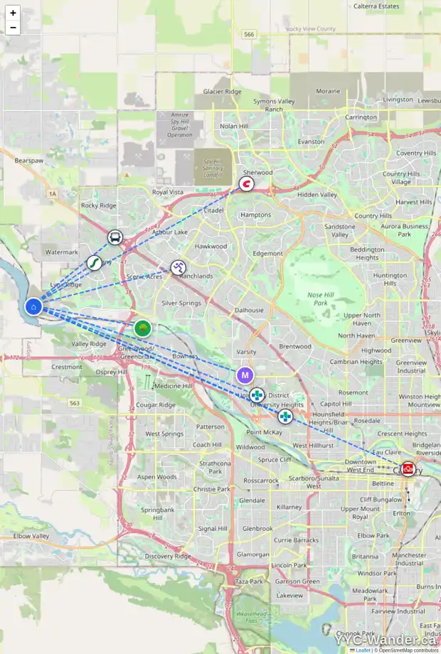 Daily accessibility map for 50 RODELLE CM NW, Calgary showing nearby schools, grocery stores, parks, LRT stations and nearby amenities