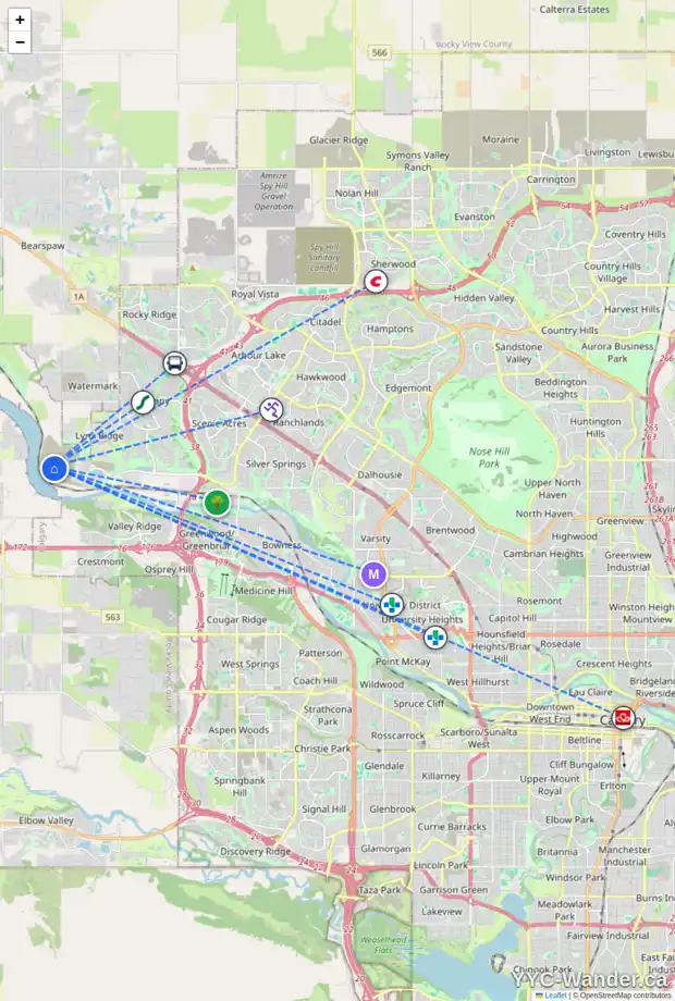 Daily accessibility map for 48 RODELLE TC NW, Calgary showing nearby schools, grocery stores, parks, LRT stations and nearby amenities