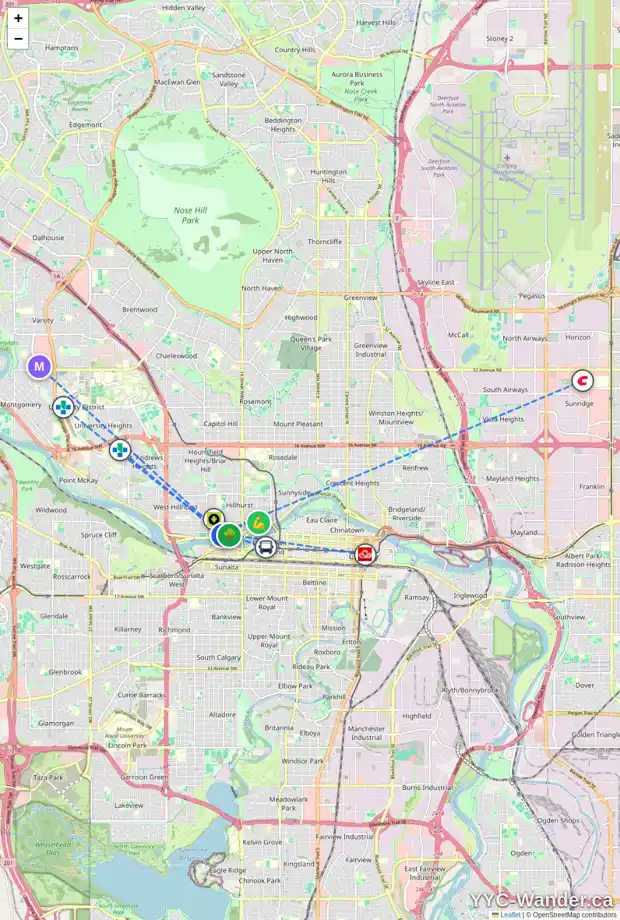 Daily accessibility map for 1807 BROADVIEW RD NW, Calgary showing nearby schools, grocery stores, parks, LRT stations and nearby amenities