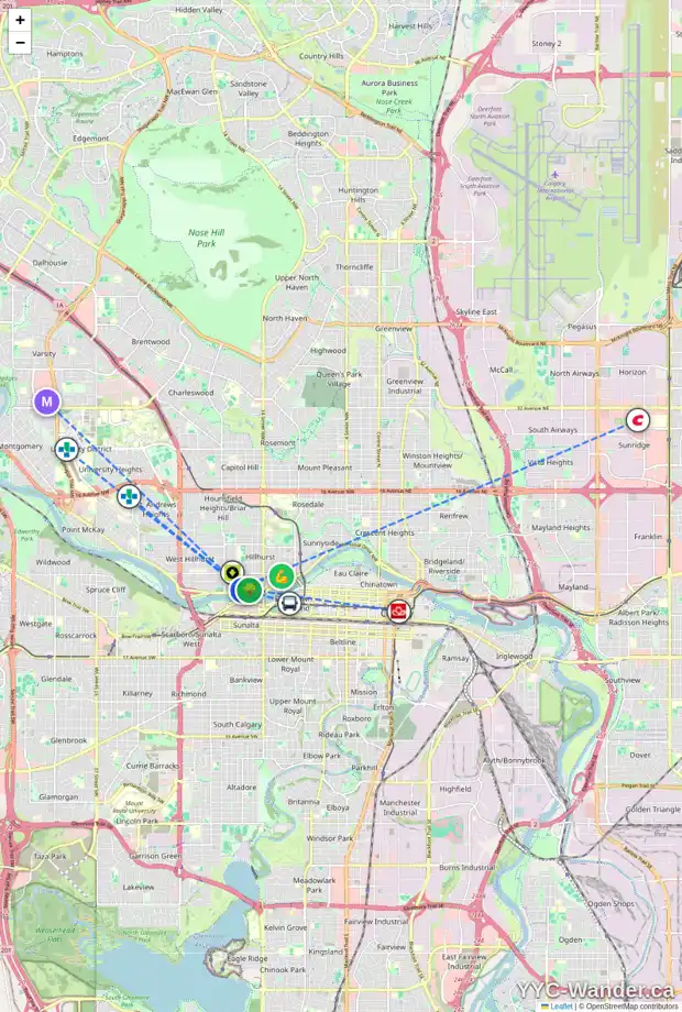 Daily accessibility map for 1805 BROADVIEW RD NW, Calgary showing nearby schools, grocery stores, parks, LRT stations and nearby amenities