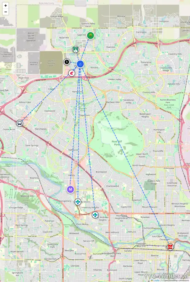 Daily accessibility map for 207 SHERWOOD LN NW, Calgary showing nearby schools, grocery stores, parks, LRT stations and nearby amenities