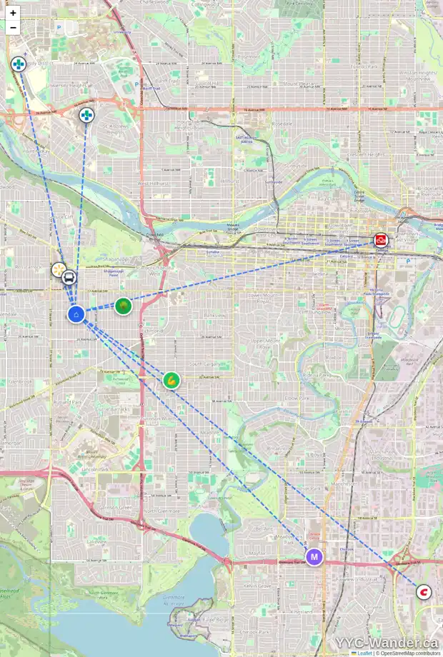 Daily accessibility map for 2210 33 ST SW, Calgary showing nearby schools, grocery stores, parks, LRT stations and nearby amenities