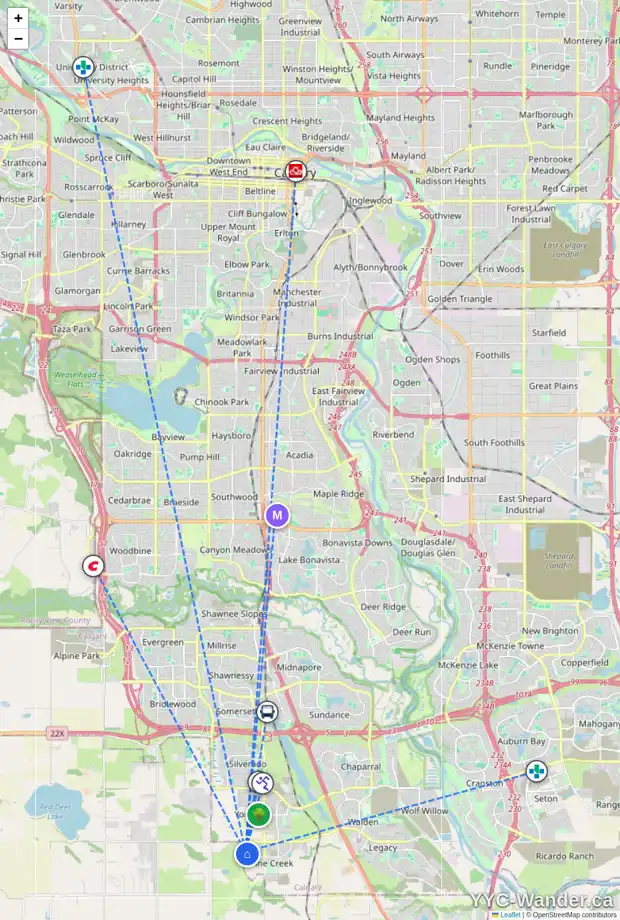 Daily accessibility map for 52 CREEKSIDE RI SW, Calgary showing nearby schools, grocery stores, parks, LRT stations and nearby amenities