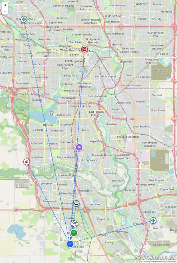 Daily accessibility map for 35 CREEKSIDE RI SW, Calgary showing nearby schools, grocery stores, parks, LRT stations and nearby amenities