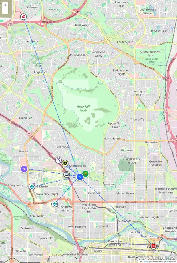 Daily accessibility map for 2827 COCHRANE RD NW, Calgary showing nearby schools, grocery stores, parks, LRT stations and nearby amenities
