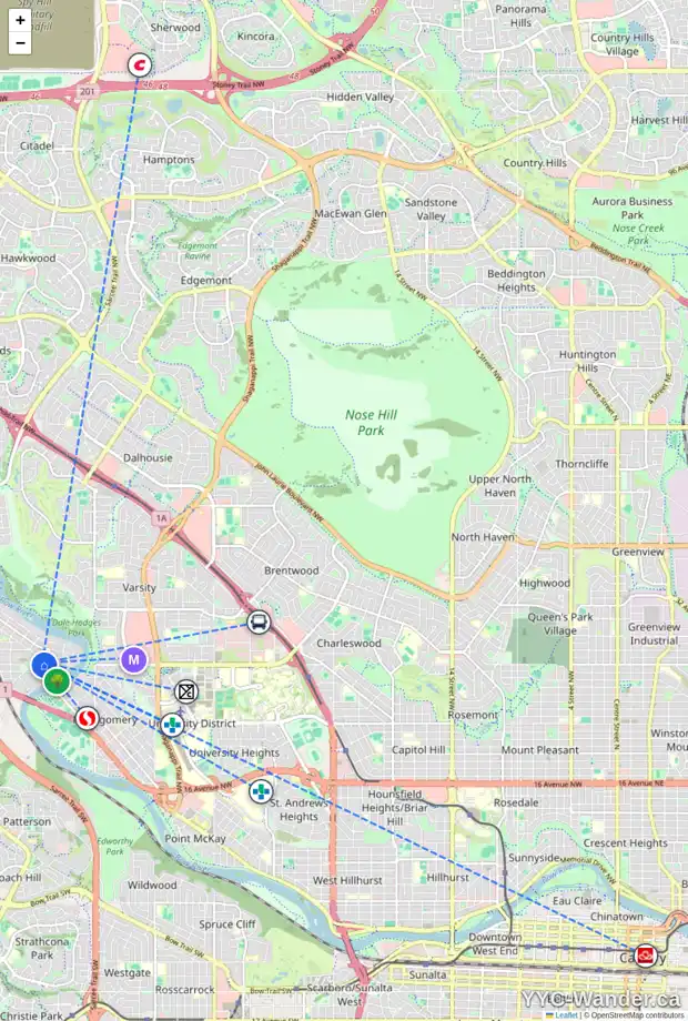 Daily accessibility map for 6126 32 AV NW, Calgary showing nearby schools, grocery stores, parks, LRT stations and nearby amenities