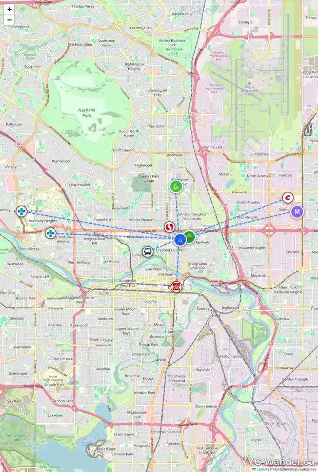 Daily accessibility map for 1 413 13 AV NE, Calgary showing nearby schools, grocery stores, parks, LRT stations and nearby amenities