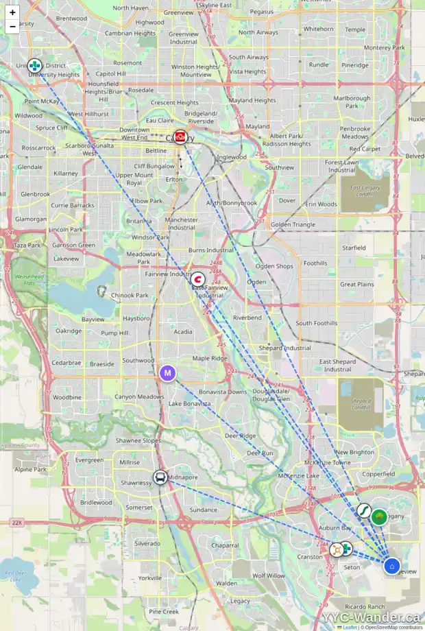 Daily accessibility map for 134 RANGEVIEW PH SE, Calgary showing nearby schools, grocery stores, parks, LRT stations and nearby amenities