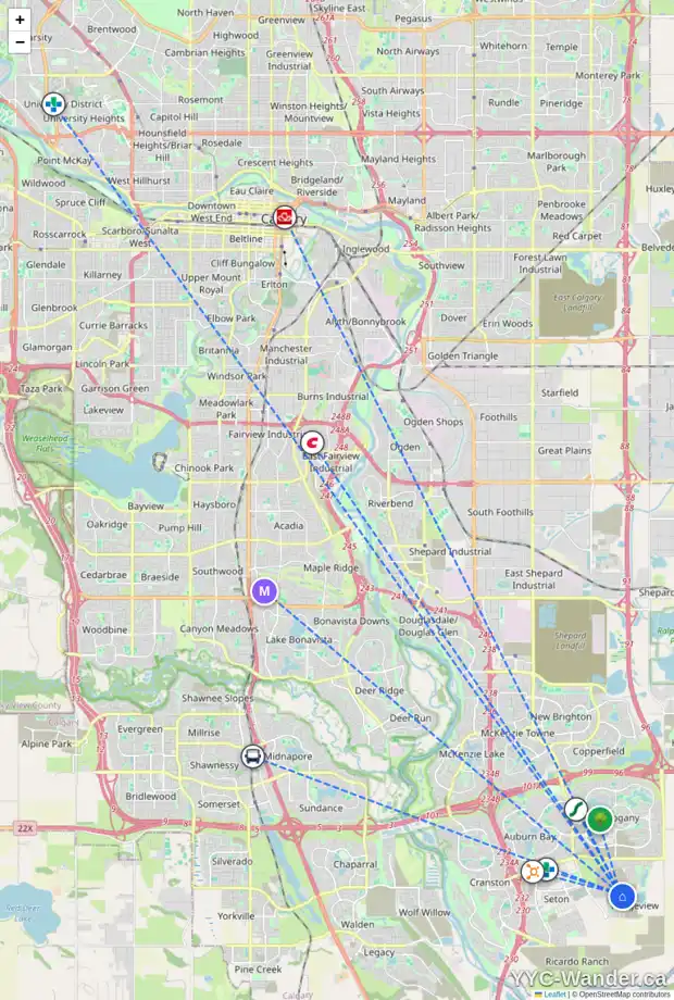 Daily accessibility map for 158 RANGEVIEW PH SE, Calgary showing nearby schools, grocery stores, parks, LRT stations and nearby amenities