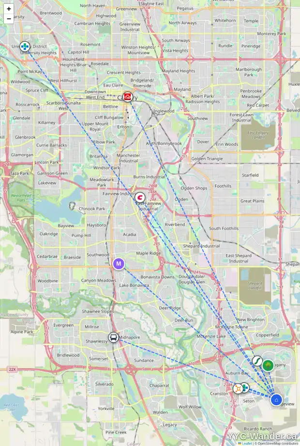 Daily accessibility map for 106 RANGEVIEW PH SE, Calgary showing nearby schools, grocery stores, parks, LRT stations and nearby amenities