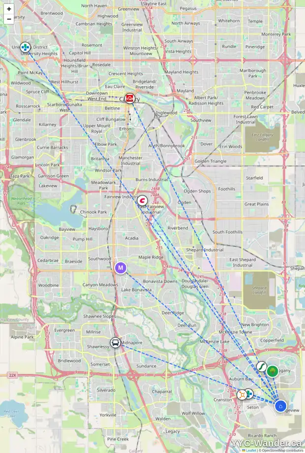 Daily accessibility map for 98 RANGEVIEW PH SE, Calgary showing nearby schools, grocery stores, parks, LRT stations and nearby amenities