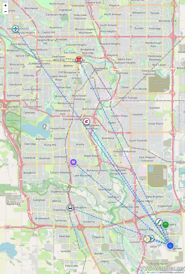 Daily accessibility map for 82 RANGEVIEW PH SE, Calgary showing nearby schools, grocery stores, parks, LRT stations and nearby amenities