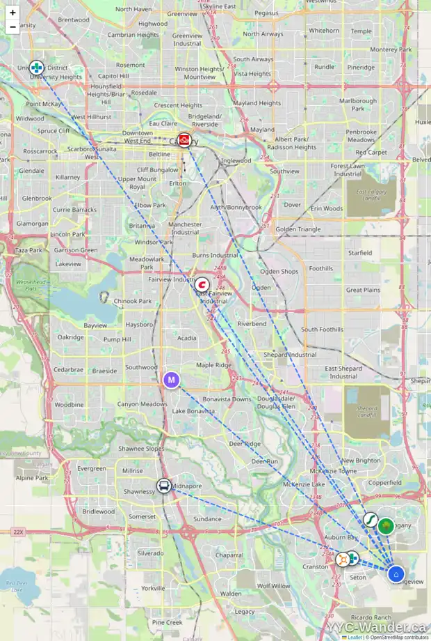 Daily accessibility map for 58 RANGEVIEW PH SE, Calgary showing nearby schools, grocery stores, parks, LRT stations and nearby amenities
