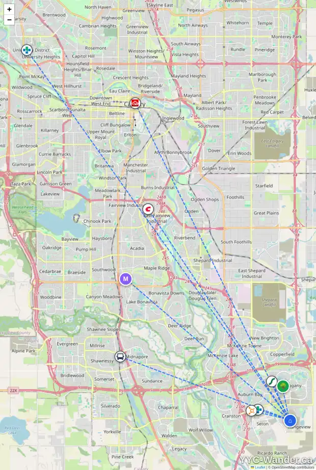 Daily accessibility map for 38 RANGEVIEW PH SE, Calgary showing nearby schools, grocery stores, parks, LRT stations and nearby amenities