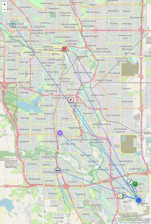 Daily accessibility map for 30 RANGEVIEW PH SE, Calgary showing nearby schools, grocery stores, parks, LRT stations and nearby amenities