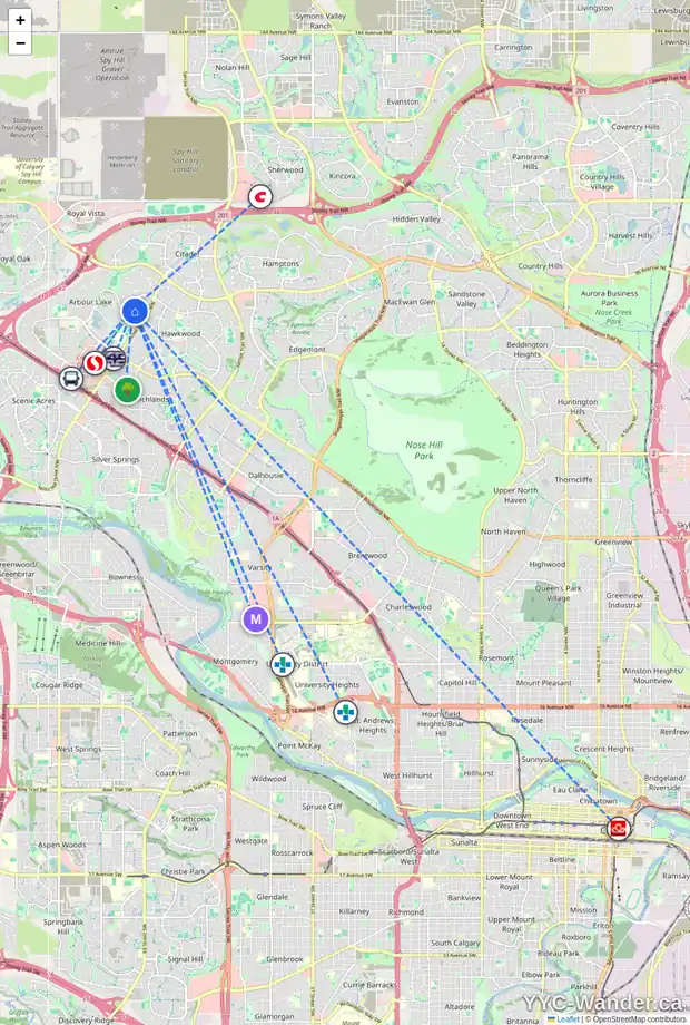 Daily accessibility map for 301 ARBOUR CLIFF CL NW, Calgary showing nearby schools, grocery stores, parks, LRT stations and nearby amenities