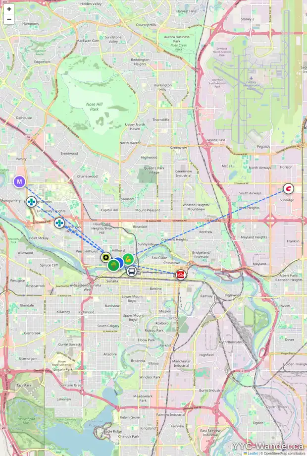 Daily accessibility map for 1633 BOWNESS RD NW, Calgary showing nearby schools, grocery stores, parks, LRT stations and nearby amenities