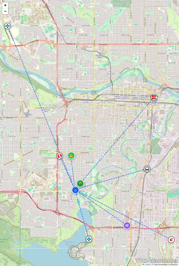 Daily accessibility map for 2007 49 AV SW, Calgary showing nearby schools, grocery stores, parks, LRT stations and nearby amenities