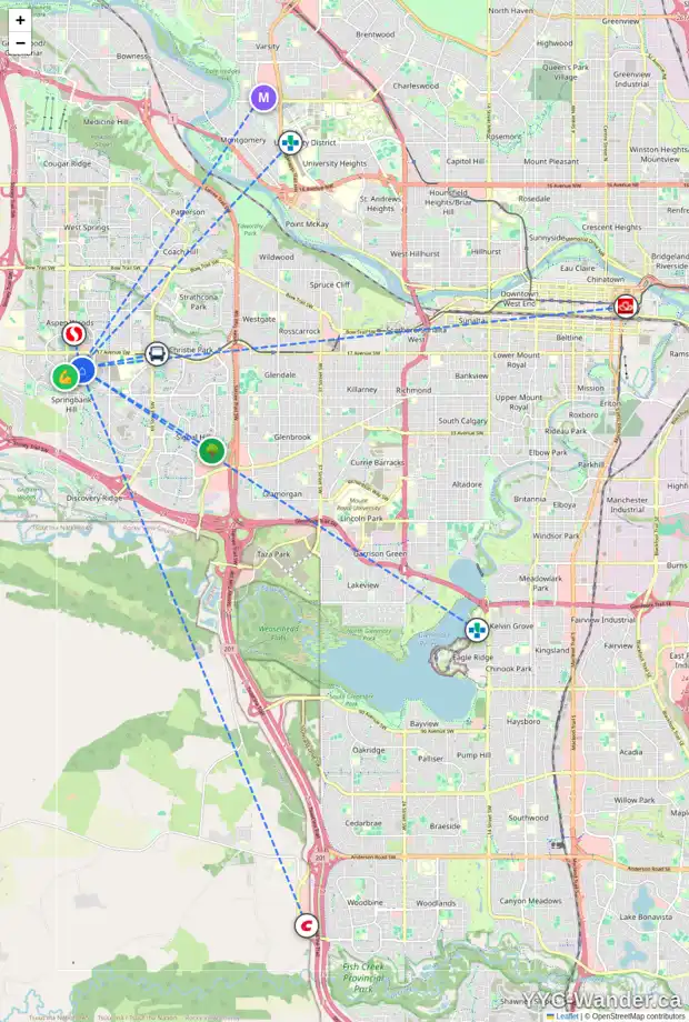 Daily accessibility map for 166 2117 81 ST SW, Calgary showing nearby schools, grocery stores, parks, LRT stations and nearby amenities