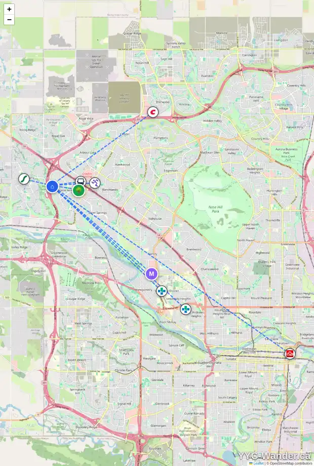 Daily accessibility map for 70 SCHOONER CL NW, Calgary showing nearby schools, grocery stores, parks, LRT stations and nearby amenities