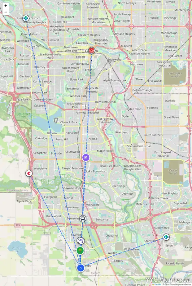 Daily accessibility map for 208 CREEKSIDE ST SW, Calgary showing nearby schools, grocery stores, parks, LRT stations and nearby amenities