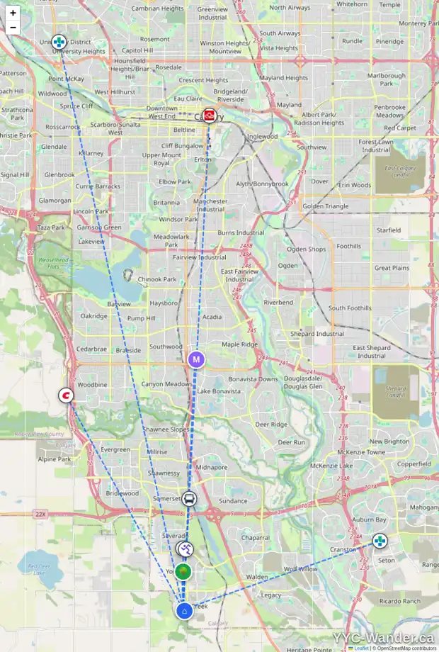 Daily accessibility map for 192 CREEKSIDE ST SW, Calgary showing nearby schools, grocery stores, parks, LRT stations and nearby amenities