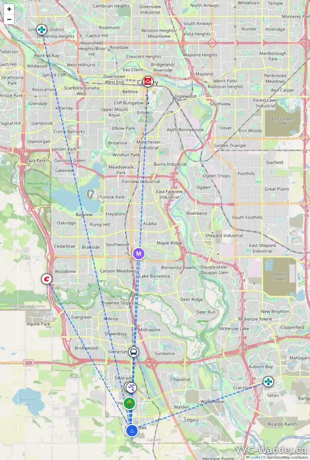Daily accessibility map for 166 CREEKSIDE MR SW, Calgary showing nearby schools, grocery stores, parks, LRT stations and nearby amenities