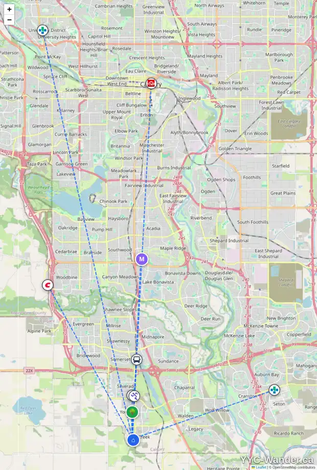 Daily accessibility map for 184 CREEKSIDE ST SW, Calgary showing nearby schools, grocery stores, parks, LRT stations and nearby amenities