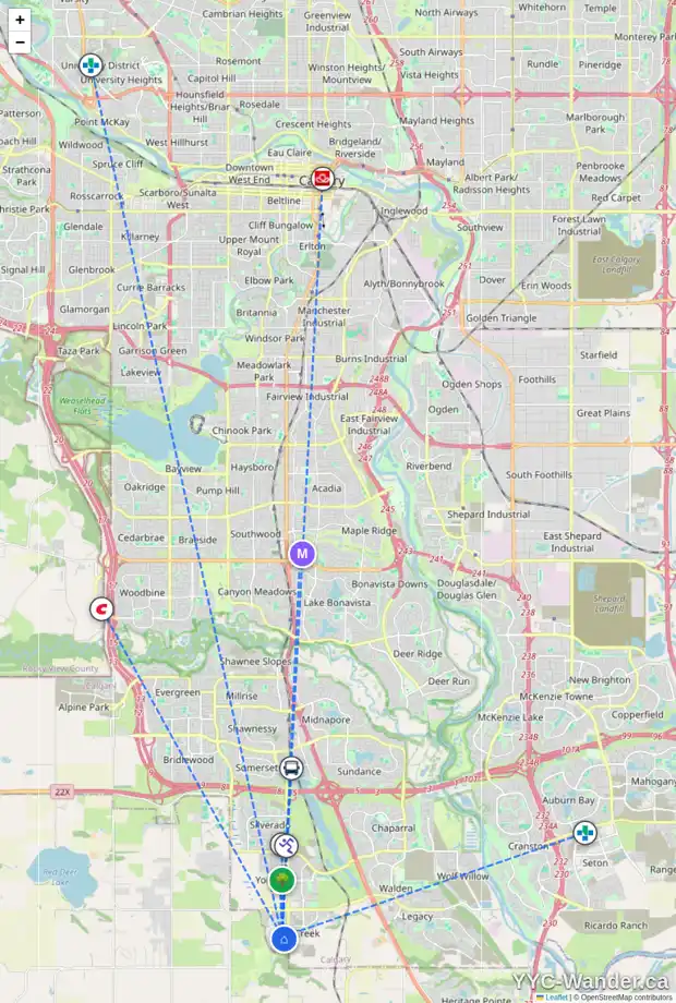 Daily accessibility map for 176 CREEKSIDE ST SW, Calgary showing nearby schools, grocery stores, parks, LRT stations and nearby amenities