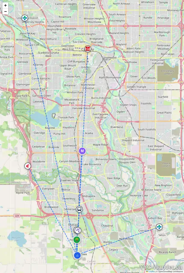 Daily accessibility map for 152 CREEKSIDE ST SW, Calgary showing nearby schools, grocery stores, parks, LRT stations and nearby amenities