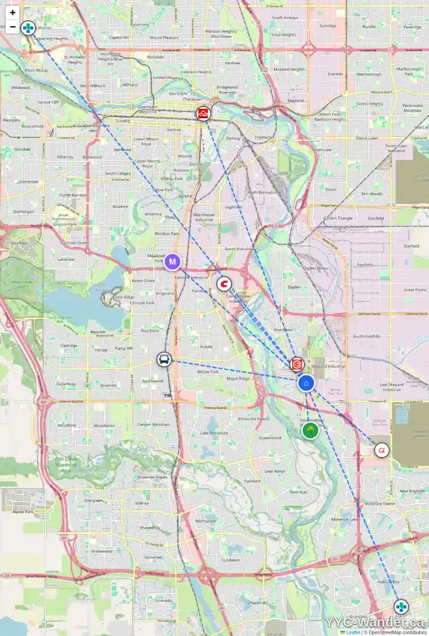 Daily accessibility map for 421 255 LES JARDINS PA SE, Calgary showing nearby schools, grocery stores, parks, LRT stations and nearby amenities