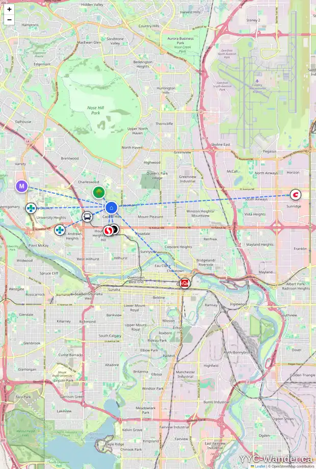 Daily accessibility map for 2516 17 ST NW, Calgary showing nearby schools, grocery stores, parks, LRT stations and nearby amenities