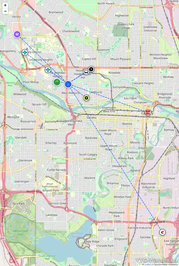Daily accessibility map for 2438 7 AV NW, Calgary showing nearby schools, grocery stores, parks, LRT stations and nearby amenities