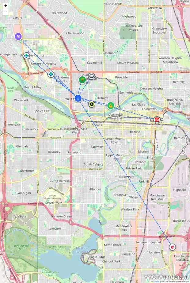 Daily accessibility map for 2304 3 AV NW, Calgary showing nearby schools, grocery stores, parks, LRT stations and nearby amenities