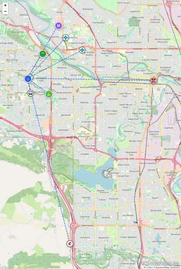 Daily accessibility map for 19 STRATHRIDGE BA SW, Calgary showing nearby schools, grocery stores, parks, LRT stations and nearby amenities